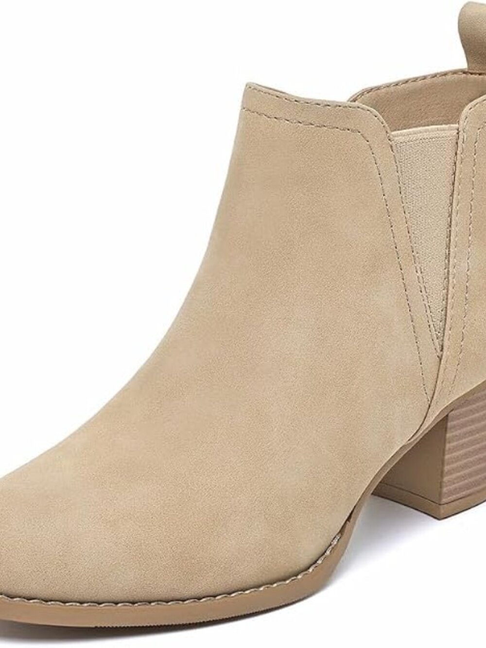 Women's Beige Round Toe Side Zipper Chunky Low Block Heel Ankle Booties